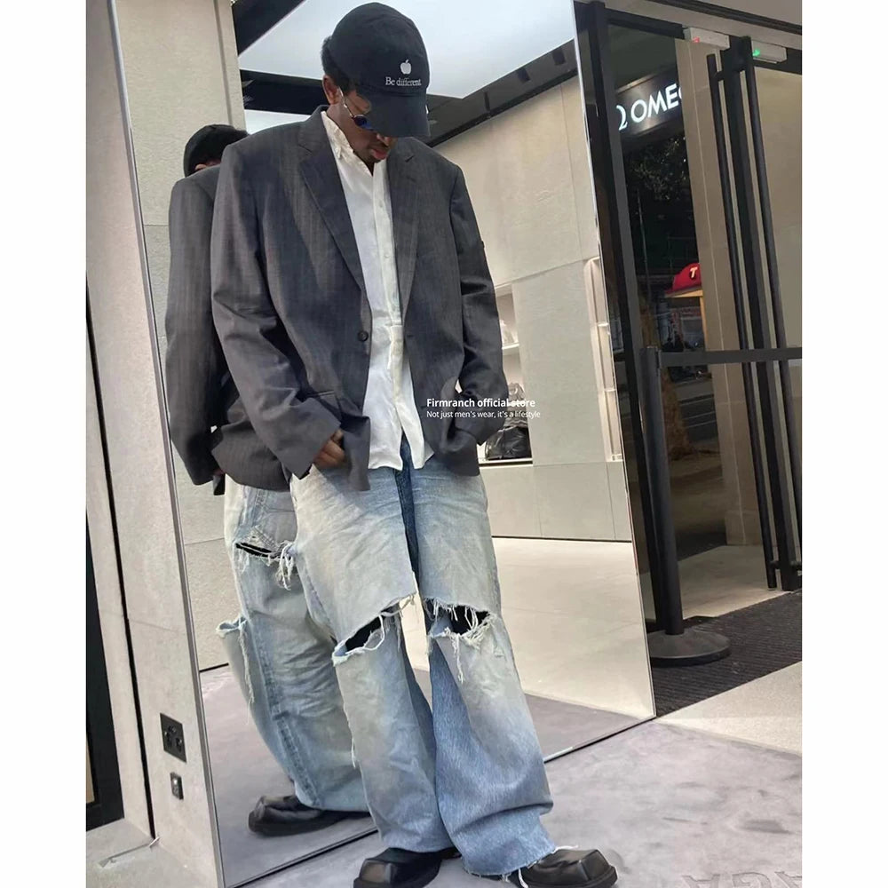 Firmranch 2023 Blue Baggy Jeans For Men Women Big Hole Ripped Mopping Flared Denim Pants Streetwear Oversize Version Trousers