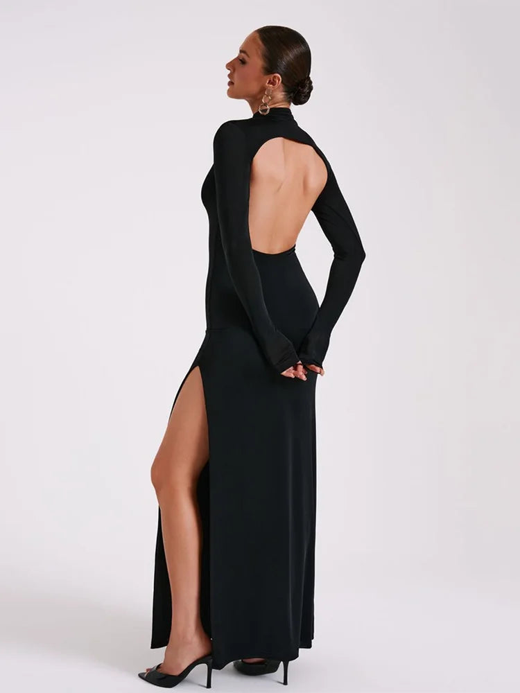 Women Black Solid Casual High Slit Long Sleeve Backless Maxi Dress Sexy Bodycon Half High Neck Streetwear Female Long Dresses