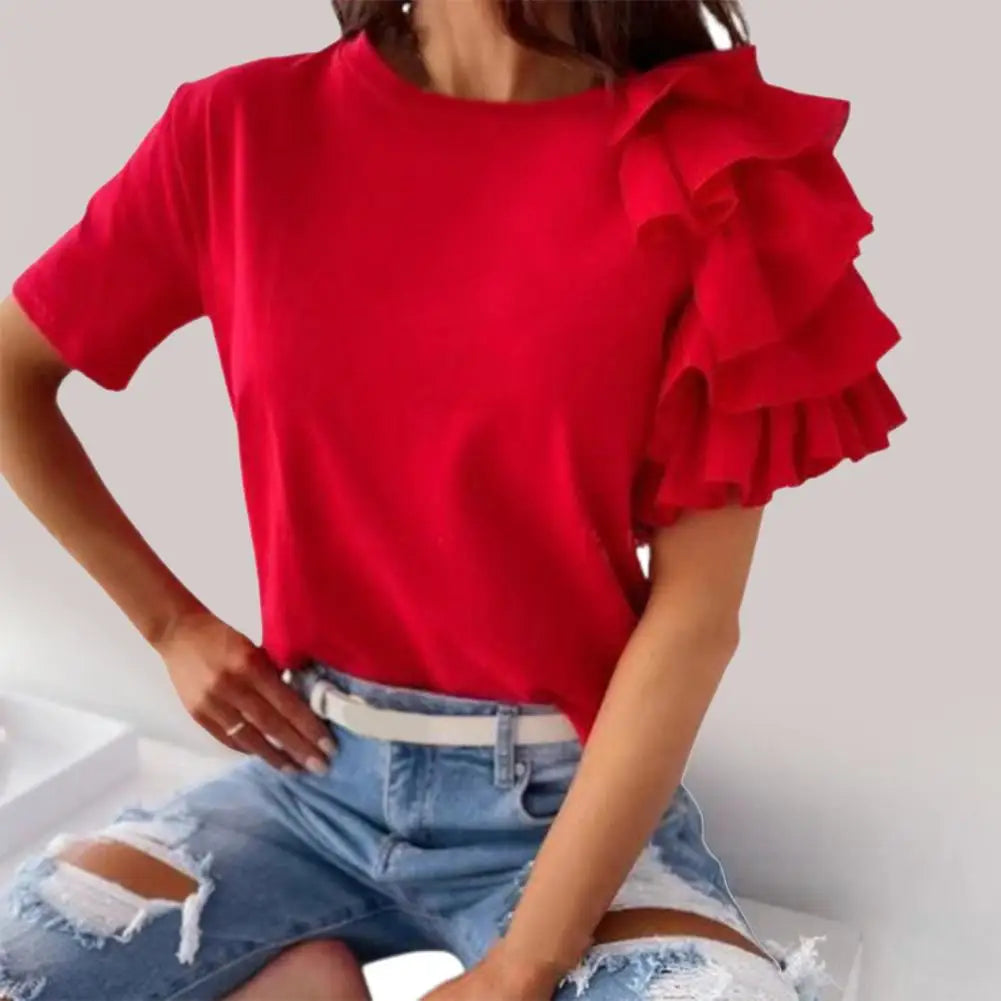 Pure Color T-Shirts Women Short Sleeve Tops Casual Flounce Edge O Neck Tshirts Women Summer Tees femme tshirts