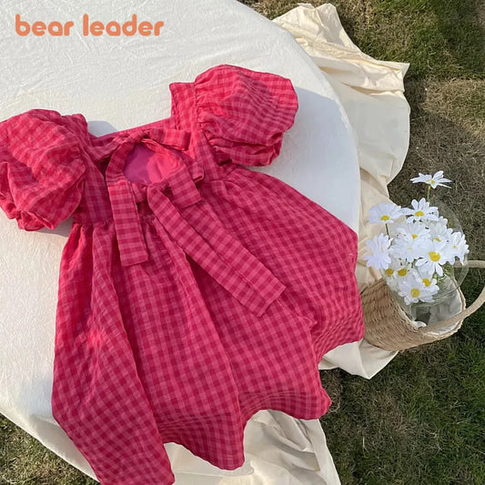 Bear Leader Rose Pink Plaid Bow Dress Elegant Lolita Child Big Girls Midi Dress Children Dresses Teens Party Princess Sundress