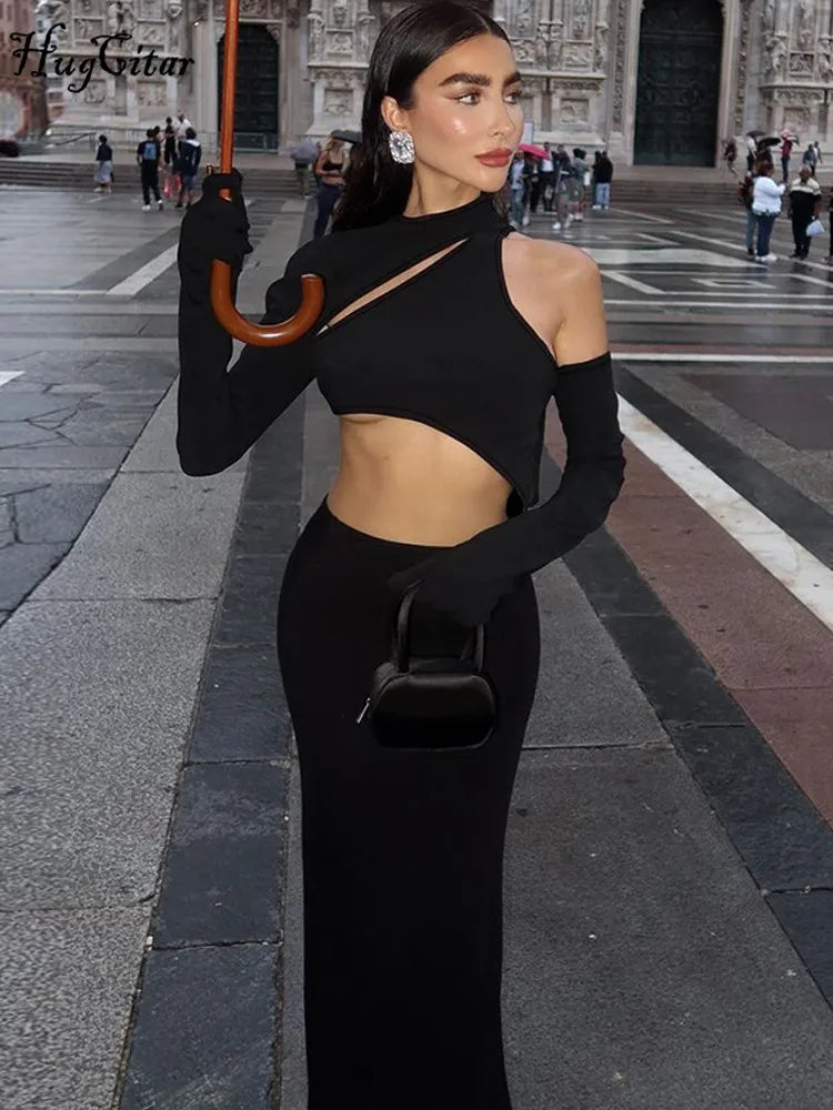 Hugcitar One Shoulder Long Sleeve Hollow Out Gloves Elegant Sexy Bodycon Maxi Dress 2024 Spring Women Clothes Festival Party