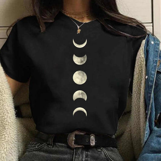 Moon Space Women Casual Print T-shirt Girl 2024 Summer O Neck Harajuku Y2k Funny Cute Tops Tee Female Clothes