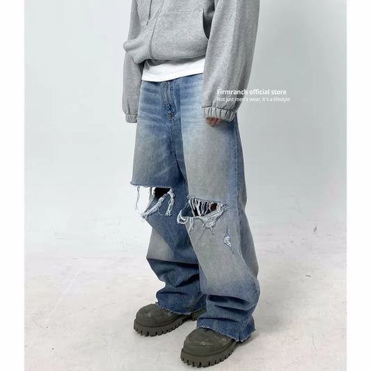 Firmranch 2023 Blue Baggy Jeans For Men Women Big Hole Ripped Mopping Flared Denim Pants Streetwear Oversize Version Trousers