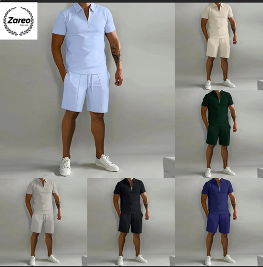 Summer new casual sports suit men's lapel zipper short-sleeved POLO shirt loose trend men's summer T-shirt shorts two-piece set