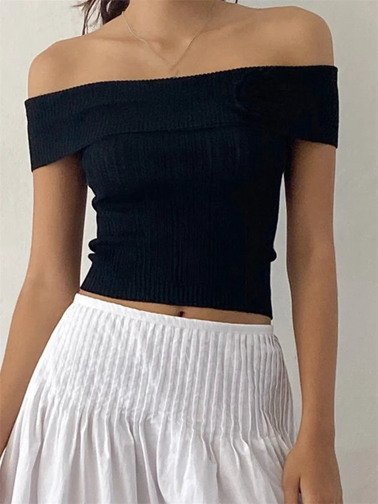 CHRONSTYLE Women Knitted Tees Crop Tops Solid Color 3D Flower Patchwork Slash Neck Off Shoulder Summer Slim T-Shirts Streetwear