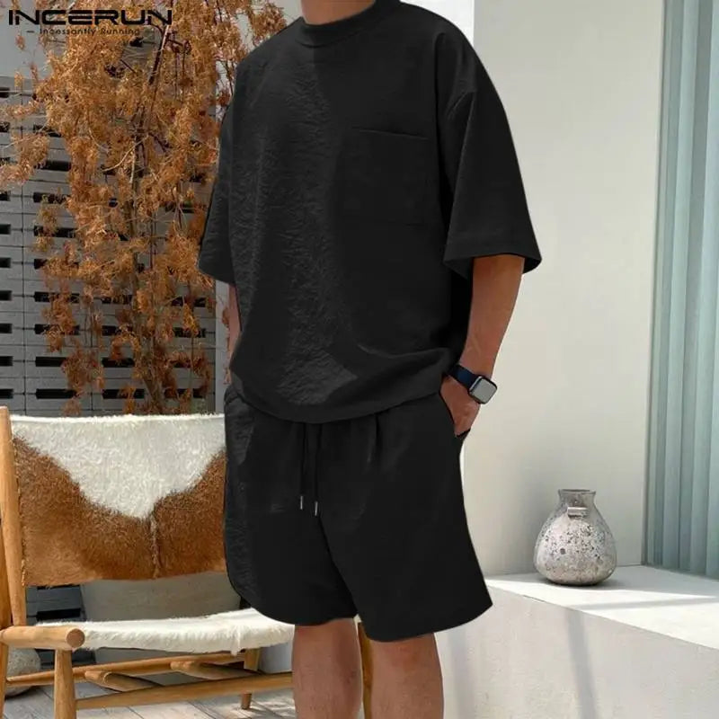 2024 Men Casual Sets Solid Color Loose Streetwear O-neck Short Sleeve T Shirt & Drawstring Shorts 2PCS Men's Suits S-5XL INCERUN